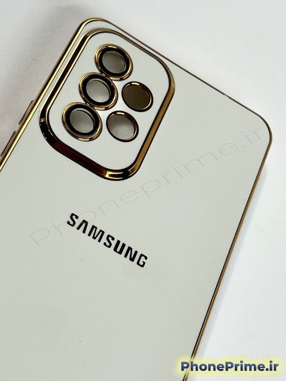 قاب سفید براق سامسونگ A53 مدل مای کیس با حاشیه طلایی و محافظ لنز شیشه ای یکپارچه