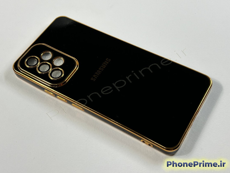 قاب مشکی براق سامسونگ A53 مدل مای کیس با لبه های آبکاری شده طلایی و محافظ لنز دوربین