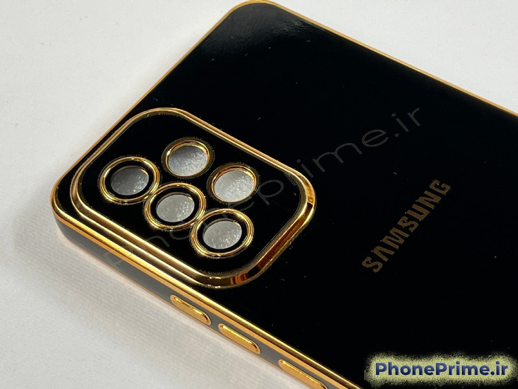 قاب مشکی براق سامسونگ A53 مدل مای کیس با لبه های آبکاری شده طلایی و محافظ لنز دوربین