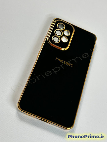 قاب مشکی براق سامسونگ A53 مدل مای کیس با لبه های آبکاری شده طلایی و محافظ لنز دوربین