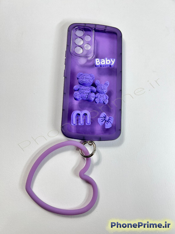 قاب بنفش نیمه شفاف سامسونگ A53 با عروسک های برجسته خرس و خرگوش و بند دستی قلبی بزرگ بنفش