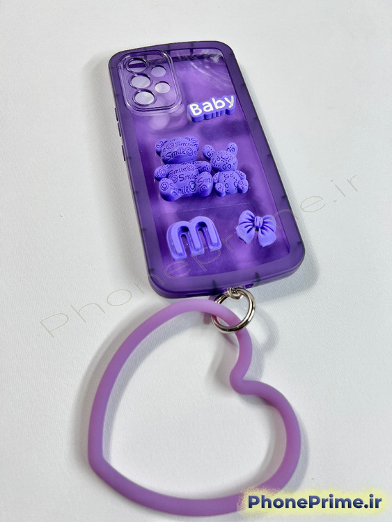 قاب بنفش نیمه شفاف سامسونگ A53 با عروسک های برجسته خرس و خرگوش و بند دستی قلبی بزرگ بنفش