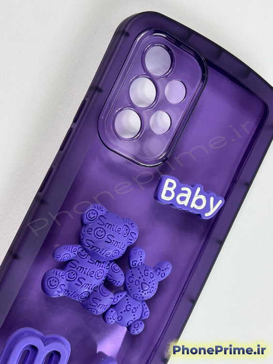 قاب بنفش نیمه شفاف سامسونگ A53 با عروسک های برجسته خرس و خرگوش و بند دستی قلبی بزرگ بنفش