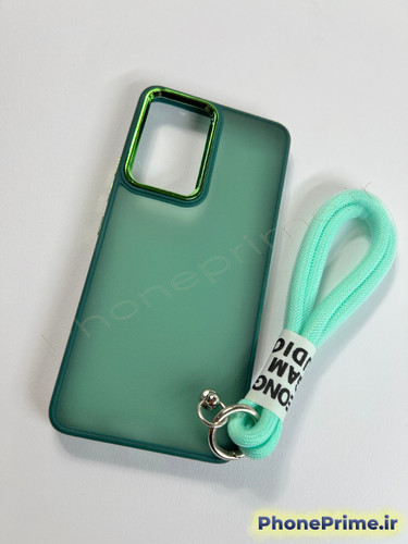 قاب سبز مات سامسونگ A53 با حاشیه دوربین فلزی و بند آویز دستی پارچه ای همرنگ