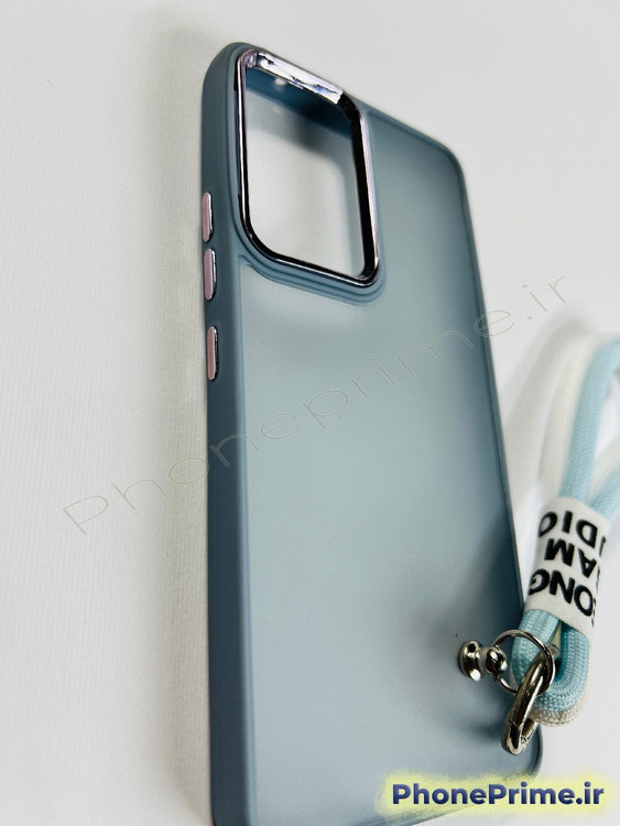 قاب آبی روشن مات سامسونگ A53 با حاشیه دوربین فلزی و بند آویز دستی پارچه ای همرنگ