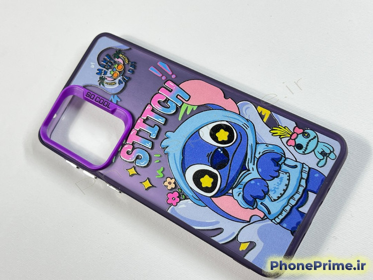قاب بنفش سامسونگ A53 با طرح چاپ ثابت شخصیت استیچ و حاشیه دوربین بنفش