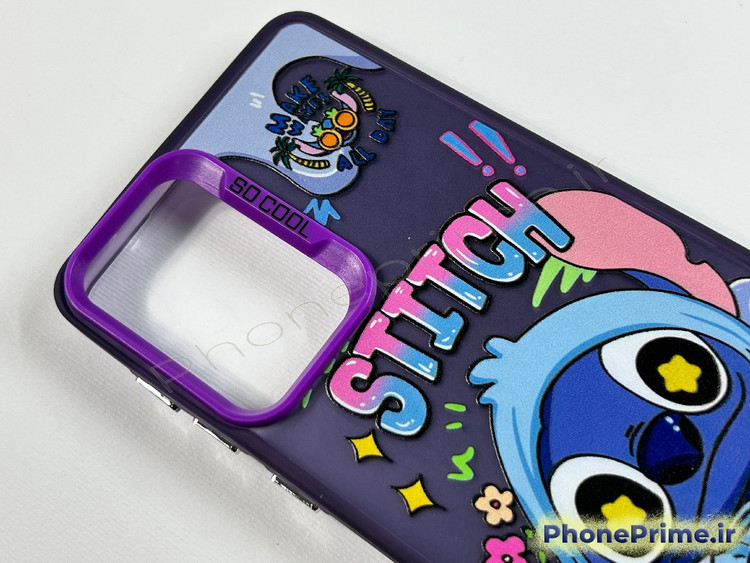 قاب بنفش سامسونگ A53 با طرح چاپ ثابت شخصیت استیچ و حاشیه دوربین بنفش