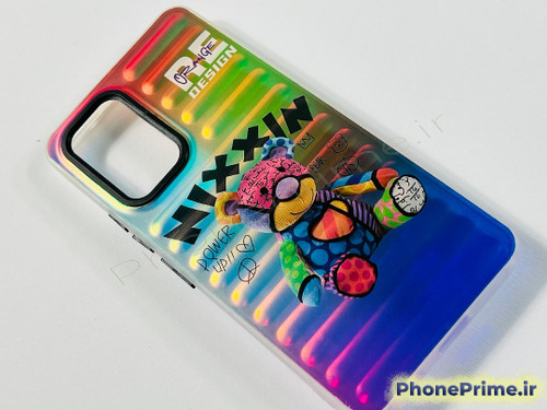 قاب برجسته پفکی سامسونگ A53 با رنگ بندی گرادینت رنگین کمانی و طرح خرس هنری