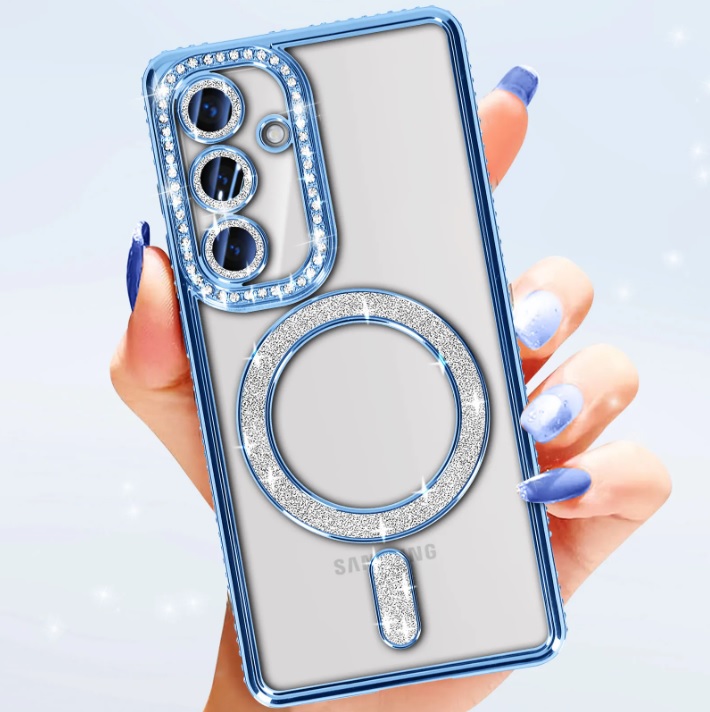 قاب شفاف نگین دار سامسونگ Galaxy S23 Ultra سری لاکچری دایموند آبی با فریم محافظ لنز و طرح مگ سیف