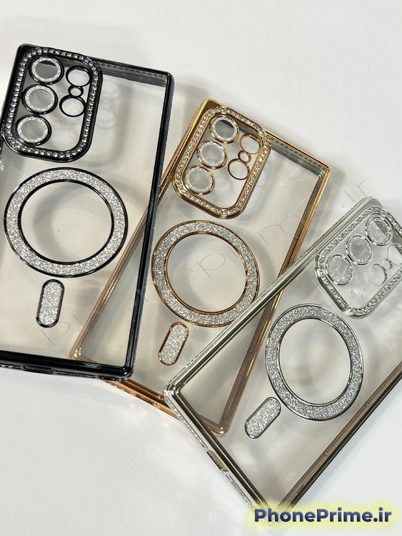قاب لوکس و نگیندار گوشی سامسونگ S23 Ultra با محافظ لنز درخشان و رینگ مگنتی پشت