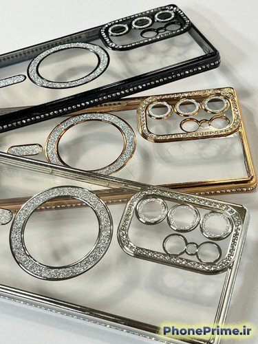 قاب لوکس و نگیندار گوشی سامسونگ S25 Ultra با محافظ لنز درخشان و رینگ مگنتی پشت