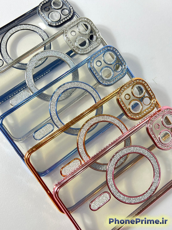قاب لوکس و نگیندار گوشی آیفون ۱۳ معمولی با محافظ لنز درخشان و رینگ مگنتی پشت