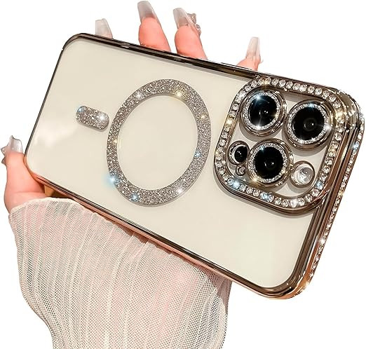 قاب لوکس و نگیندار گوشی آیفون ۱۴ پرو مکس با محافظ لنز درخشان و رینگ مگنتی پشت