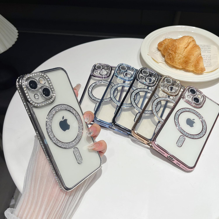 قاب لوکس و نگیندار گوشی آیفون ۱۳ معمولی با محافظ لنز درخشان و رینگ مگنتی پشت