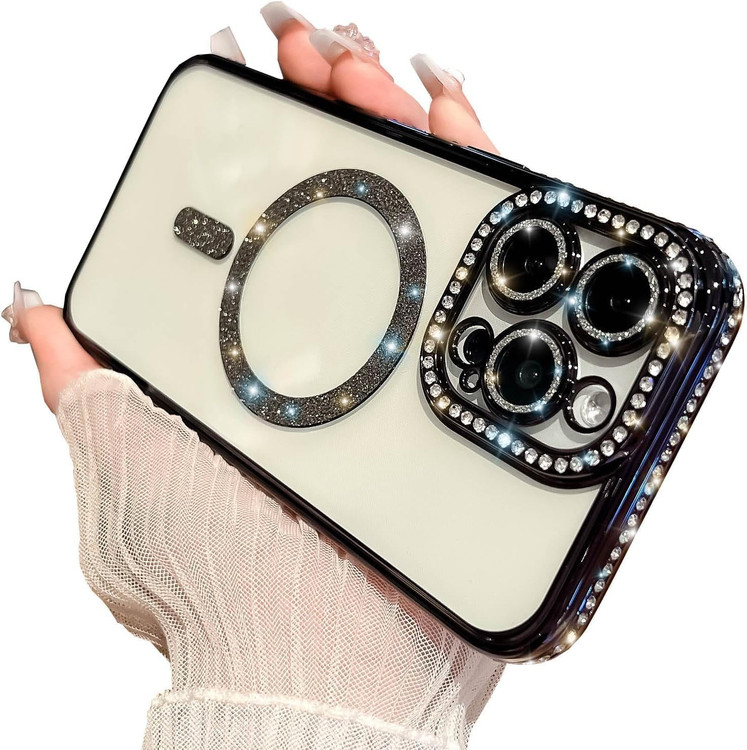 قاب لوکس و نگیندار گوشی آیفون ۱۵ پرو مکس با محافظ لنز درخشان و رینگ مگنتی پشت