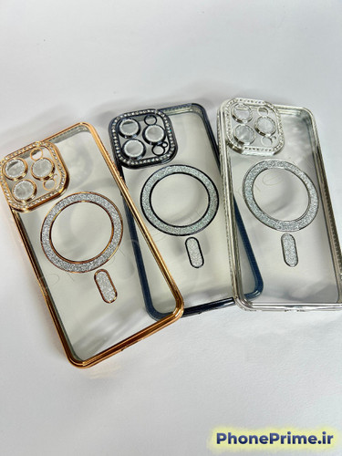 قاب لوکس و نگیندار گوشی آیفون ۱۵ پرو مکس با محافظ لنز درخشان و رینگ مگنتی پشت