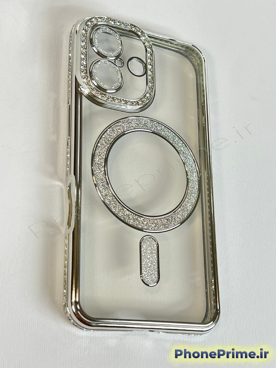 قاب لوکس و نگیندار گوشی آیفون ۱۶ معمولی با محافظ لنز درخشان و رینگ مگنتی پشت