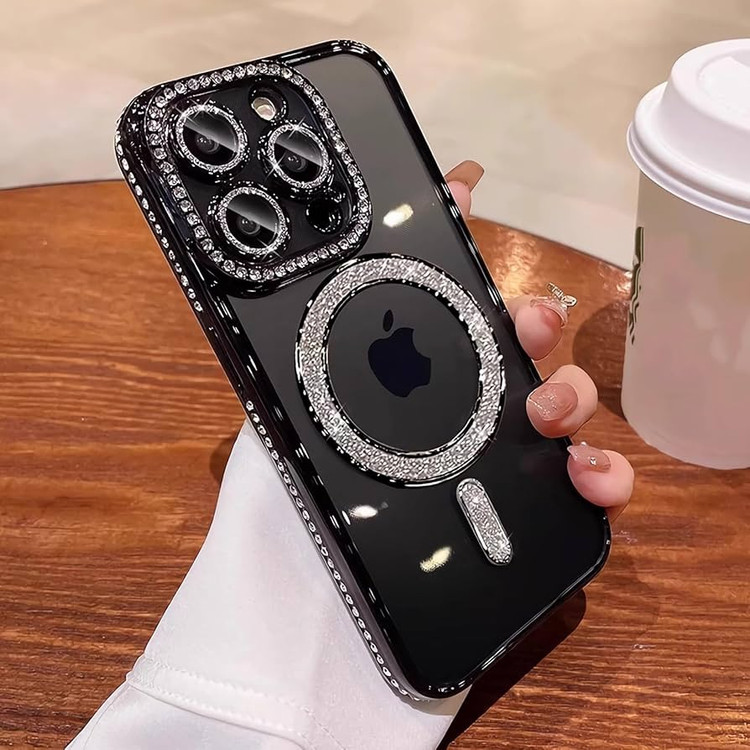 قاب لوکس و نگیندار گوشی آیفون ۱۶ پرو مکس با محافظ لنز درخشان و رینگ مگنتی پشت