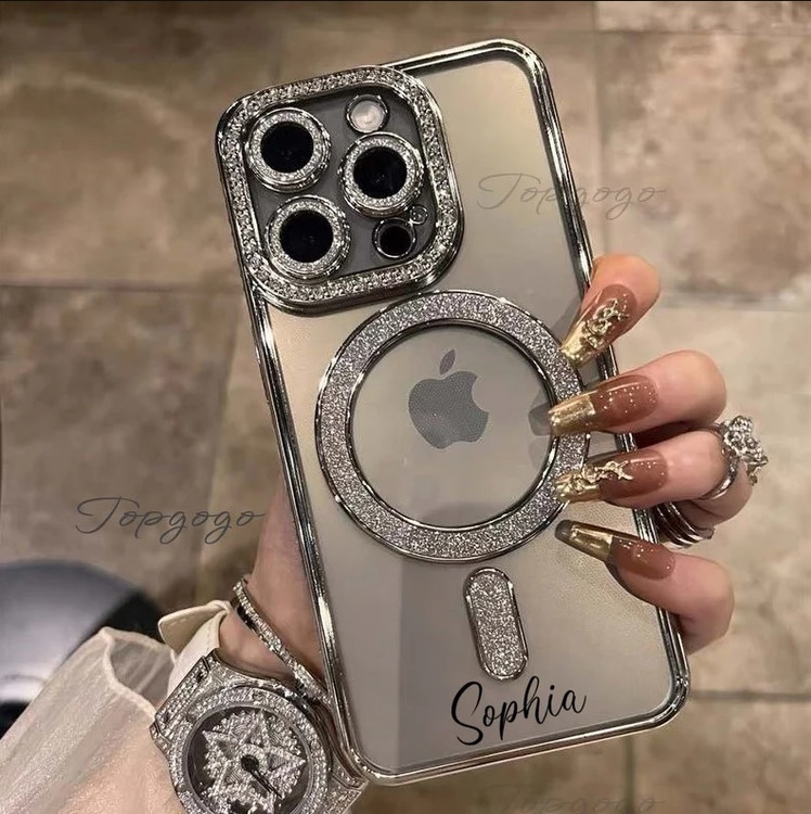 قاب لوکس و نگیندار گوشی آیفون ۱۶ پرو مکس با محافظ لنز درخشان و رینگ مگنتی پشت