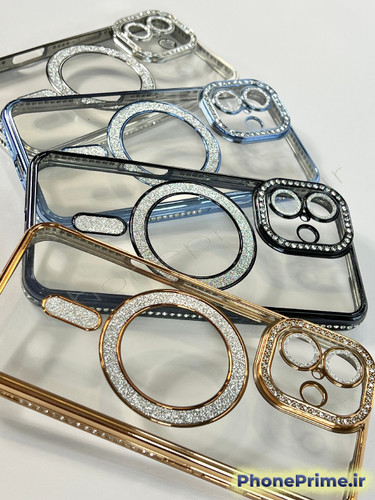 قاب لوکس و نگیندار گوشی آیفون ۱۷ معمولی با محافظ لنز درخشان و رینگ مگنتی پشت