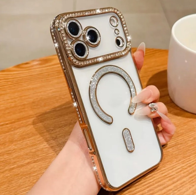 قاب لوکس و نگیندار گوشی آیفون ۱۷ پرو مکس با محافظ لنز درخشان و رینگ مگنتی پشت