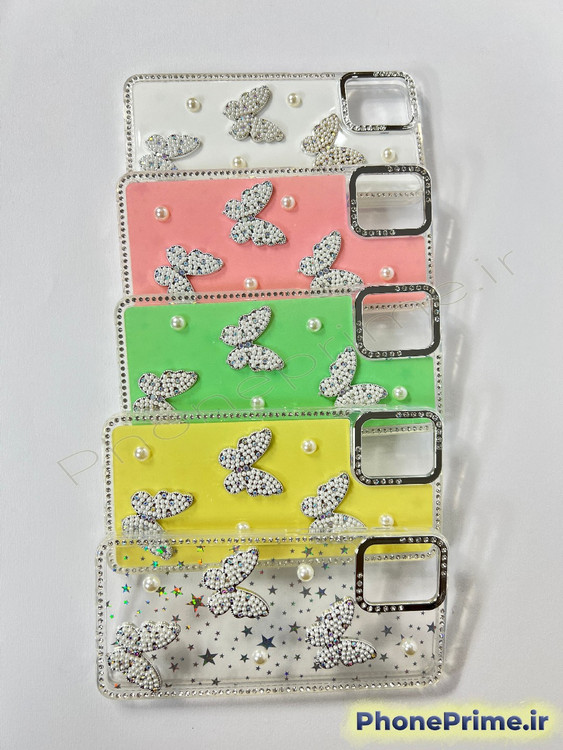 کاور فانتزی سامسونگ گلکسی A07 طرح پروانه سه بعدی و مروارید با بدنه اکلیلی درخشان