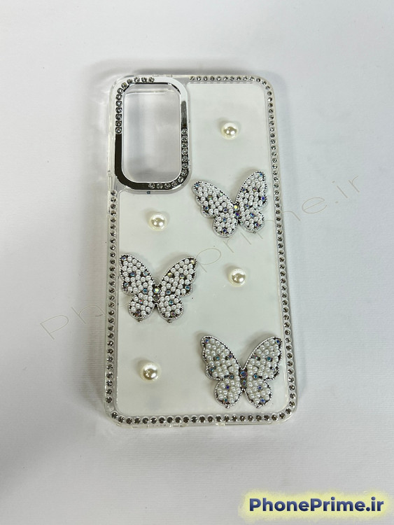 کاور فانتزی سامسونگ گلکسی A12 طرح پروانه سه بعدی و مروارید با بدنه اکلیلی درخشان