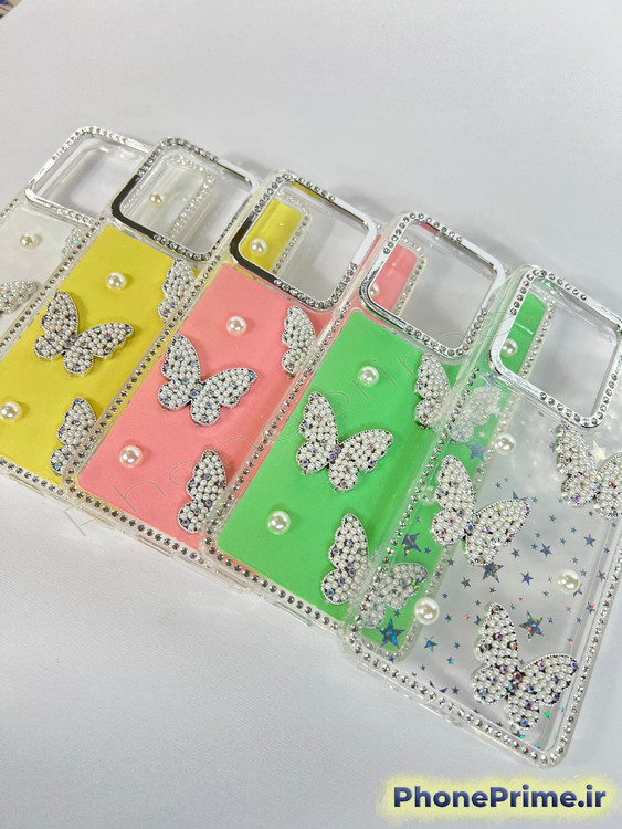 جدیدترین قاب فانتزی سامسونگ A17 طرح پروانه مرواریدی و نگیندار با رنگهای پاستلی