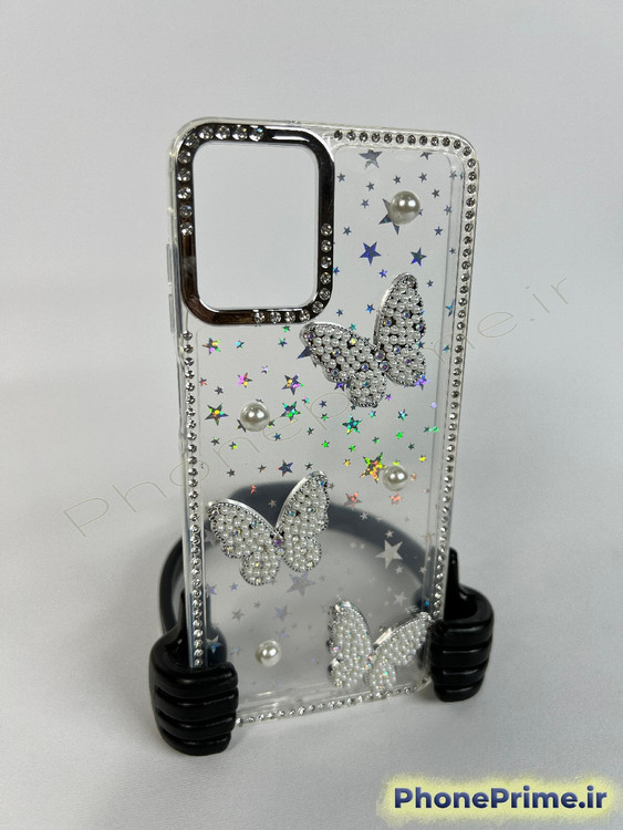 کاور فانتزی سامسونگ گلکسی A71 طرح پروانه سه بعدی و مروارید با بدنه اکلیلی درخشان