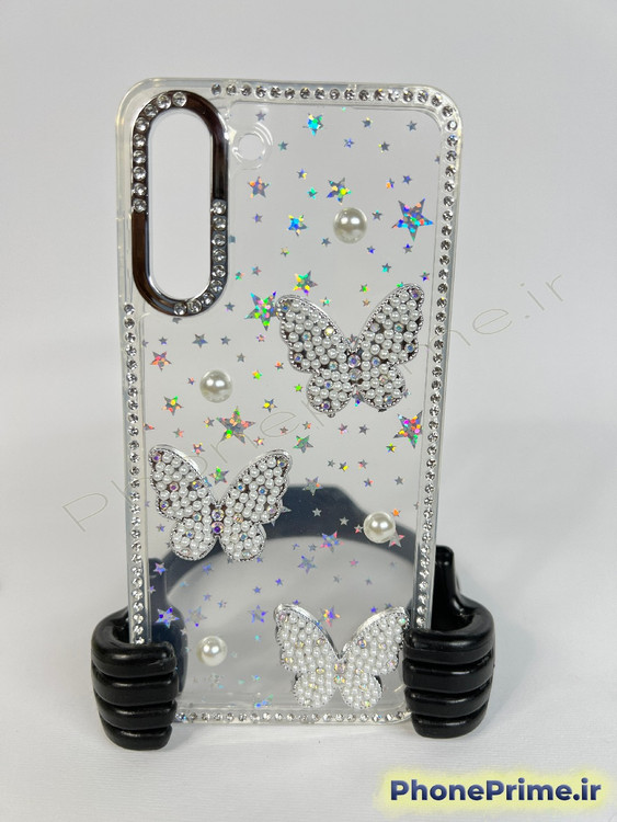 قاب لوکس پروانهای مرواریددار برای سامسونگ S21 FE با فریم کروم براق و رنگهای پاستلی