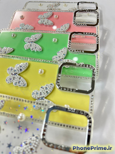 قاب لوکس پروانهای مرواریددار برای سامسونگ S20 FE با فریم کروم براق پاستلی و بدنه شفاف