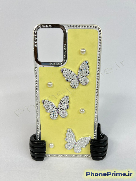 قاب لوکس فریم کروم پاستلی برای سامسونگ S23 FE با تزئینات پروانه مرواریدی و نگینکاری شده