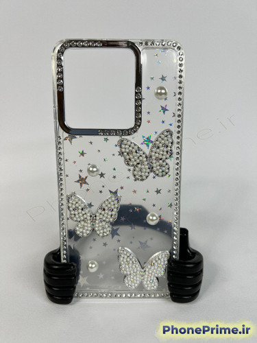 قاب لوکس پروانهای مرواریددار برای شیائومی ردمی A5 با فریم کروم براق پاستلی و بدنه شفاف