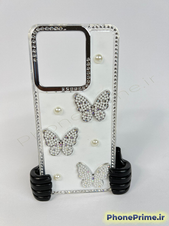 قاب لوکس پروانهای مرواریددار برای شیائومی ردمی A5 با فریم کروم براق پاستلی و بدنه شفاف