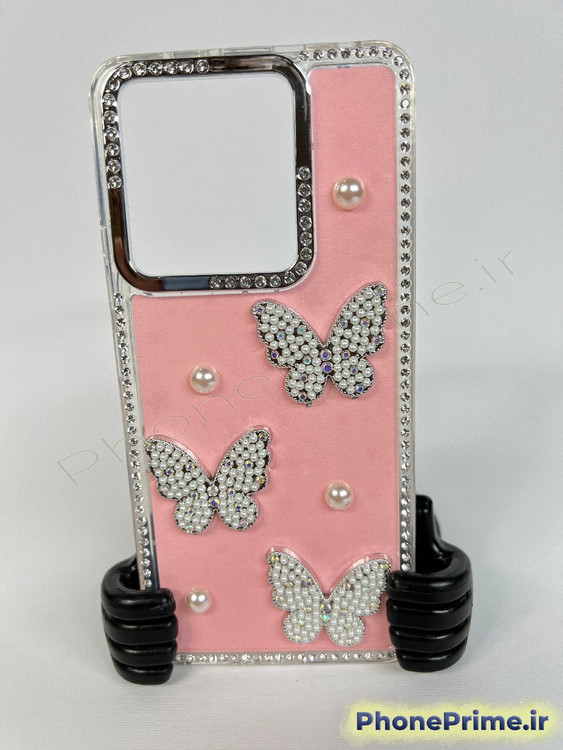 کاور لوکس و فانتزی ردمی نوت ۱۴ نسخه ۴ جی با فریم کروم پاستلی و پروانههای برجسته نگیندار
