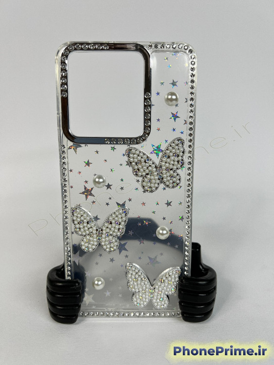 قاب لوکس فریم کروم پاستلی برای شیائومی ردمی 13C با تزئینات پروانه مرواریدی و بدنه اکلیلی