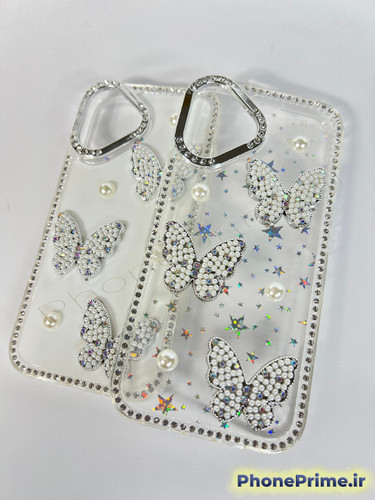 قاب لوکس فریم کروم پاستلی برای آیفون ۱۶ معمولی با تزئینات پروانه مرواریدی و بدنه اکلیلی درخشان