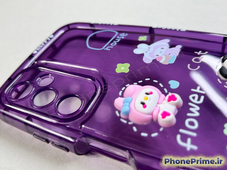 قاب فانتزی بنفش سامسونگ A05s طرح عروسکی برجسته با نوشته Happy و محافظ لنز یکپارچه