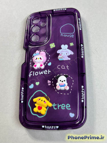 قاب فانتزی بنفش سامسونگ A05s طرح عروسکی برجسته با نوشته Happy و محافظ لنز یکپارچه