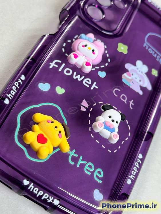 قاب فانتزی بنفش سامسونگ A05s طرح عروسکی برجسته با نوشته Happy و محافظ لنز یکپارچه