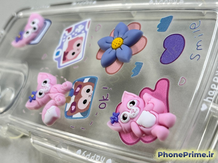 قاب شفاف سامسونگ A05s با عروسکهای برجسته صورتی و طرح دوربین عکاسی فانتزی و نوشته happy