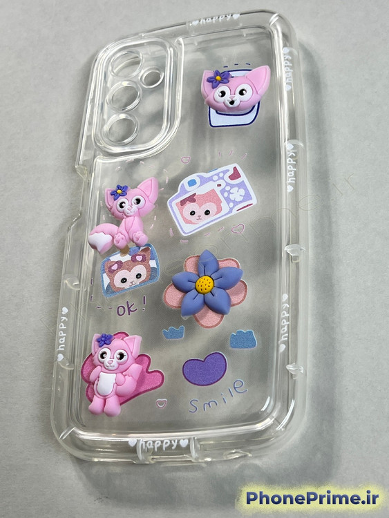 قاب شفاف سامسونگ A05s با عروسکهای برجسته صورتی و طرح دوربین عکاسی فانتزی و نوشته happy