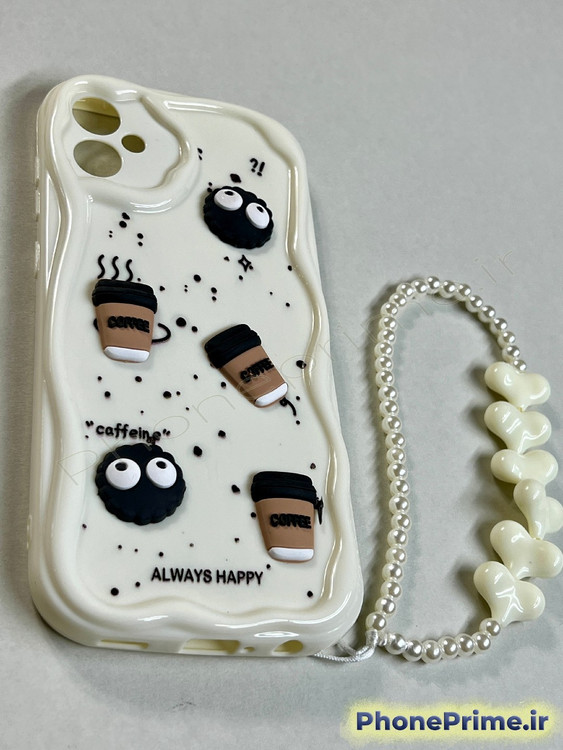 قاب سفید فانتزی سامسونگ A05 با آویز مروارید قلبی و عروسکهای برجسته طرح قهوه و کاراکترهای چشمدار