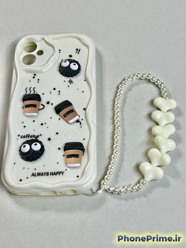 قاب سفید فانتزی سامسونگ A05 با آویز مروارید قلبی و عروسکهای برجسته طرح قهوه و کاراکترهای چشمدار