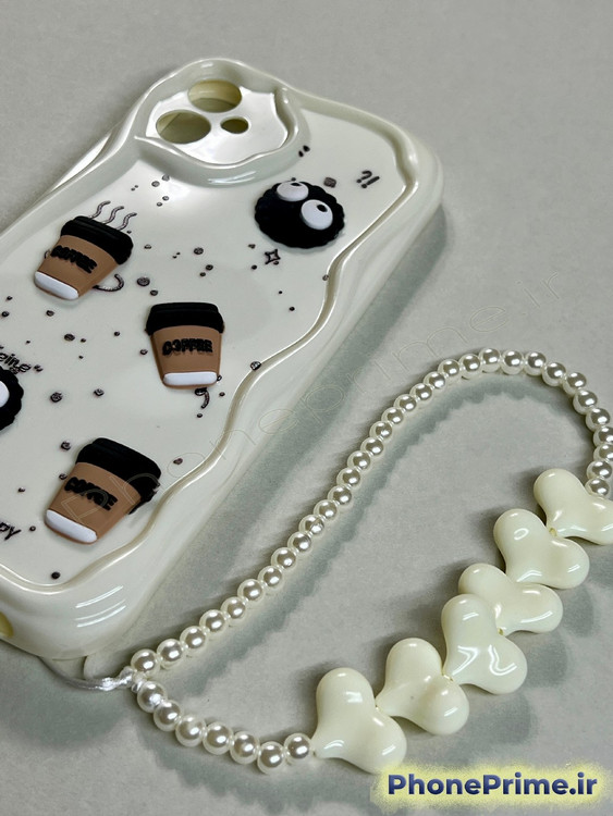 قاب سفید فانتزی سامسونگ A05 با آویز مروارید قلبی و عروسکهای برجسته طرح قهوه و کاراکترهای چشمدار