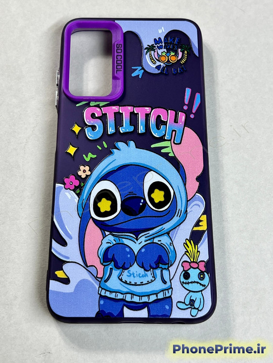 قاب فانتزی بنفش سامسونگ A05s با طرح چاپی استیچ هودیپوش و محافظ دوربین بنفش روشن با نوشته SO COOL