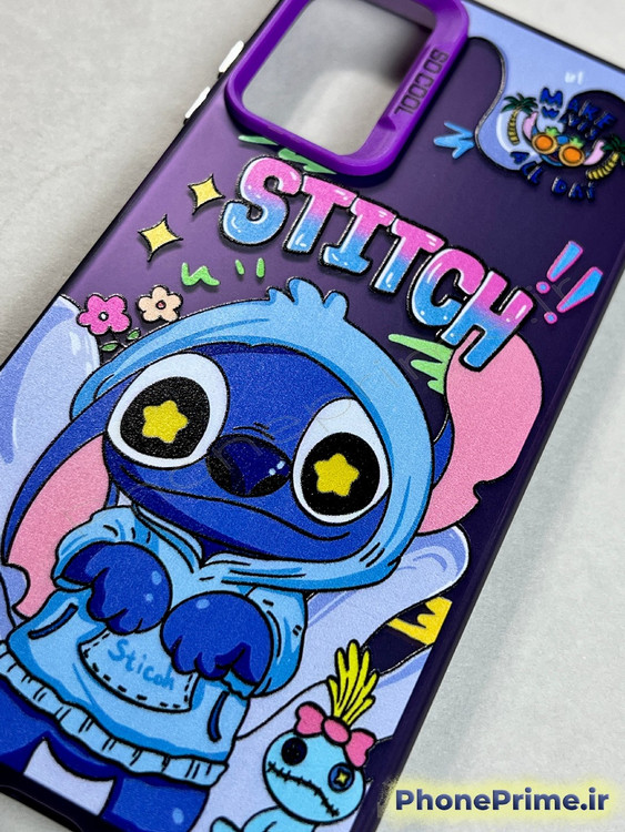 قاب فانتزی بنفش سامسونگ A05s با طرح چاپی استیچ هودیپوش و محافظ دوربین بنفش روشن با نوشته SO COOL