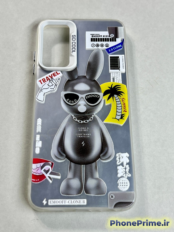 قاب نیمهشفاف سامسونگ A05s با طرح خرگوش مشکی عینکدار، نوشتههای گرافیکی مدرن و فریم دوربین سفید SO COOL