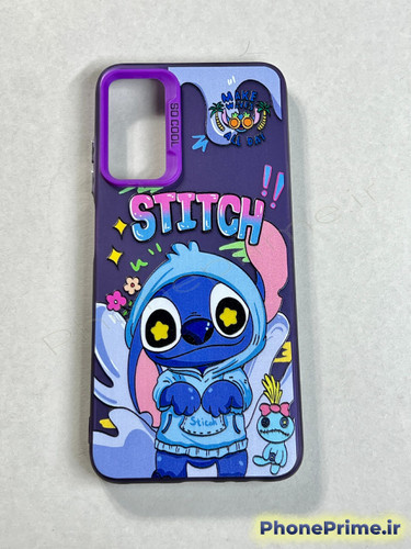 قاب فانتزی بنفش سامسونگ A05s با طرح چاپی استیچ هودیپوش و محافظ دوربین بنفش روشن با نوشته SO COOL