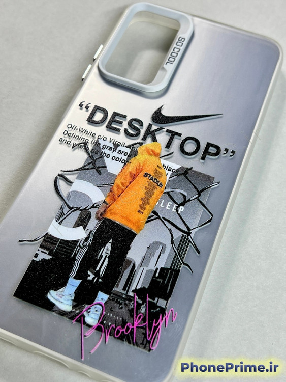 قاب نیمهشفاف سامسونگ A05s طرح استریت استایل با لوگوی نایکی، نوشته Desktop و محافظ دوربین سفید SO COOL